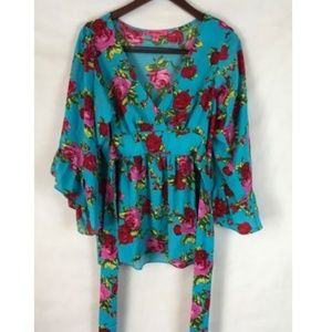 Betsey Johnson Floral Bell Sleeve Tunic Top L